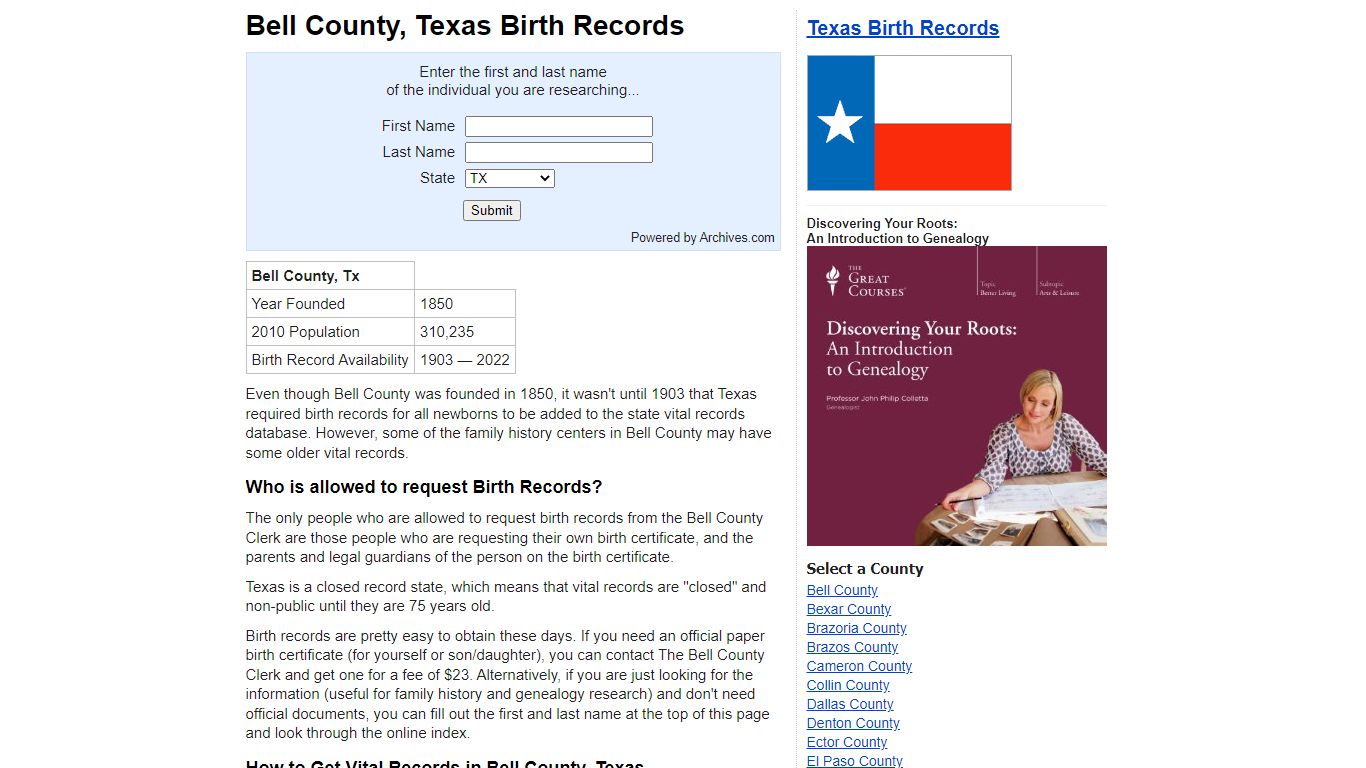 Bell County, Texas - Birth Records and Birth Certificates